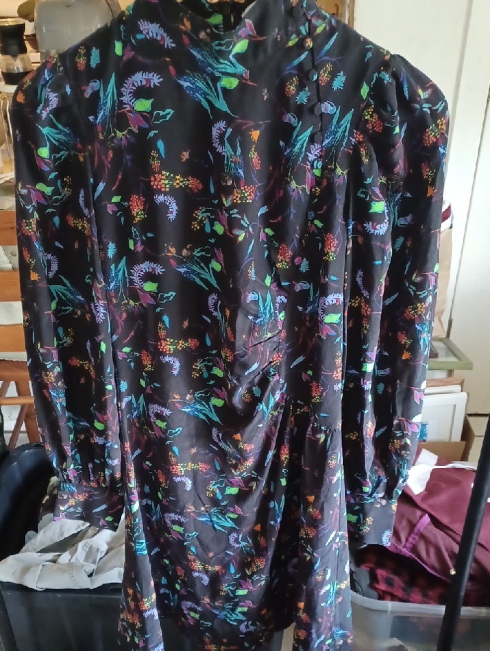 Tanya Taylor Black Silk Floral Print Dress with Multicolor Accents